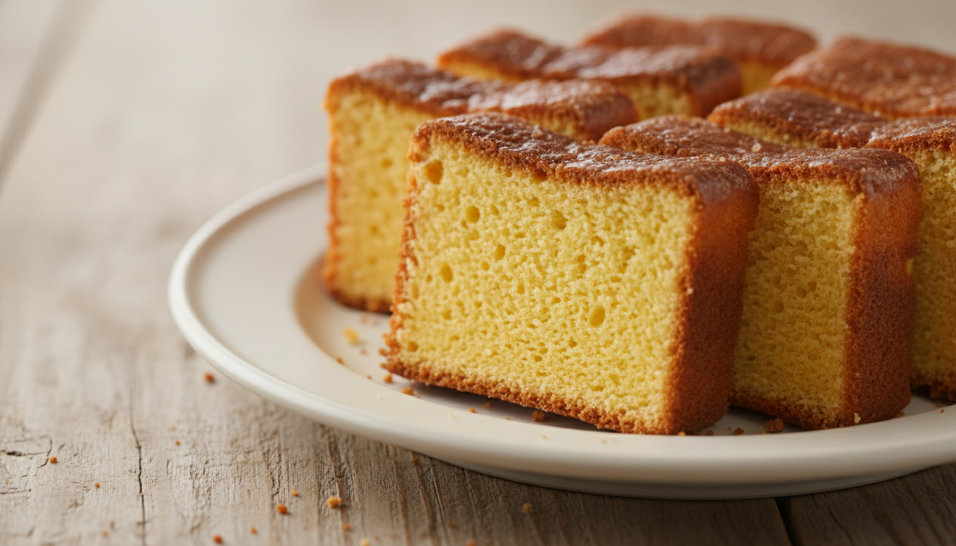 Japonya'nın İkonik Keki: Kasutera Professional food photography of sliced Kasutera cake, a traditional Japanese Castella sponge cake with a rich golden-brown top and moist yellow interior, served on a minimalist ceramic plate, soft natural morning light, high detail, macro shot, aesthetic wooden background.