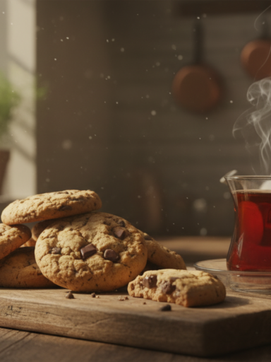Professional food photography of freshly baked golden cookies on a rustic wooden table, a steaming cup of Turkish tea in a glass next to them, warm morning sunlight, cozy kitchen atmosphere, shallow depth of field, 8k resolution.