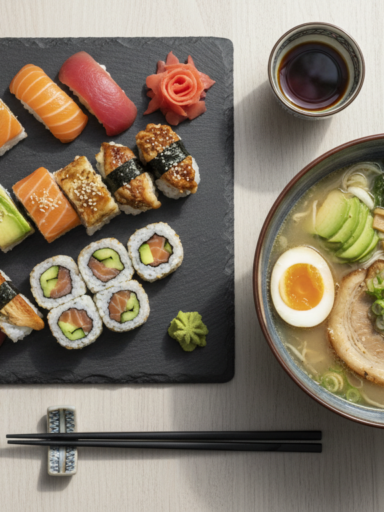 Professional food photography of a diverse Japanese meal, including artfully arranged sushi on a slate plate and a steaming bowl of ramen, set on a minimalist wooden table with soft cinematic lighting, high resolution, 8k.