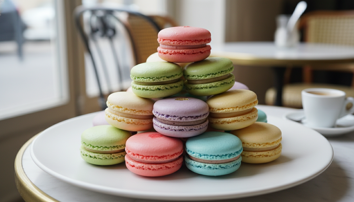Professional gourmet photography of a vibrant assortment of French macarons, elegant pastel colors, stacked on a minimalist ceramic plate, soft natural lighting, depth of field, high-end food magazine style, Parisian cafe aesthetic.