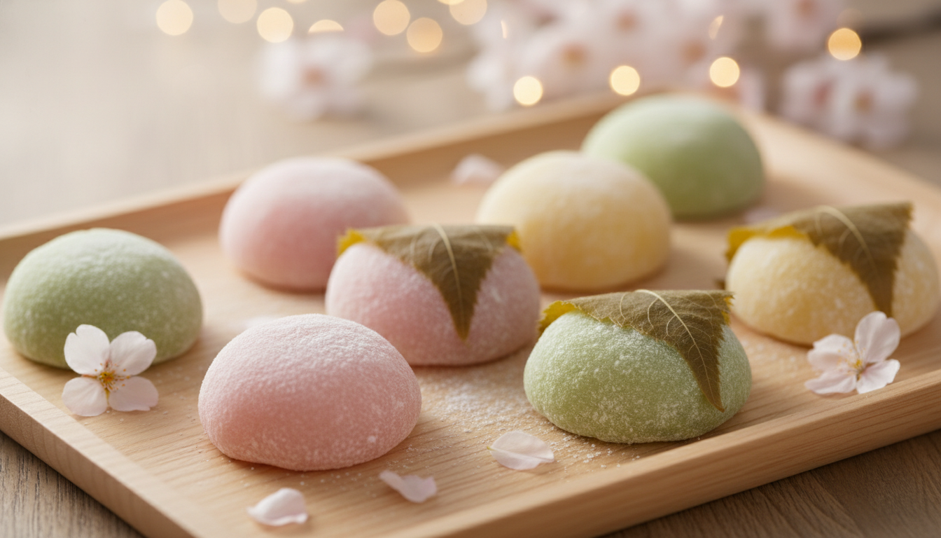 High-quality professional photography of assorted Japanese mochi in pastel pink, green, and yellow, beautifully arranged on a minimalist wooden tray, scattered cherry blossoms, soft cinematic lighting, bokeh background, elegant food styling, 8k resolution.