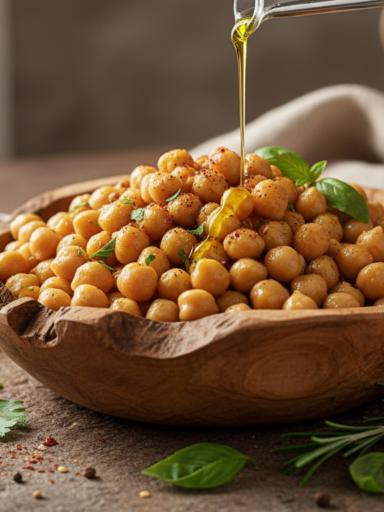 A professional, high-resolution food photography shot of a wooden bowl filled with cooked chickpeas, surrounded by fresh ingredients like herbs and olive oil on a rustic stone table. Soft natural morning light, shallow depth of field, vibrant textures, healthy lifestyle vibe.