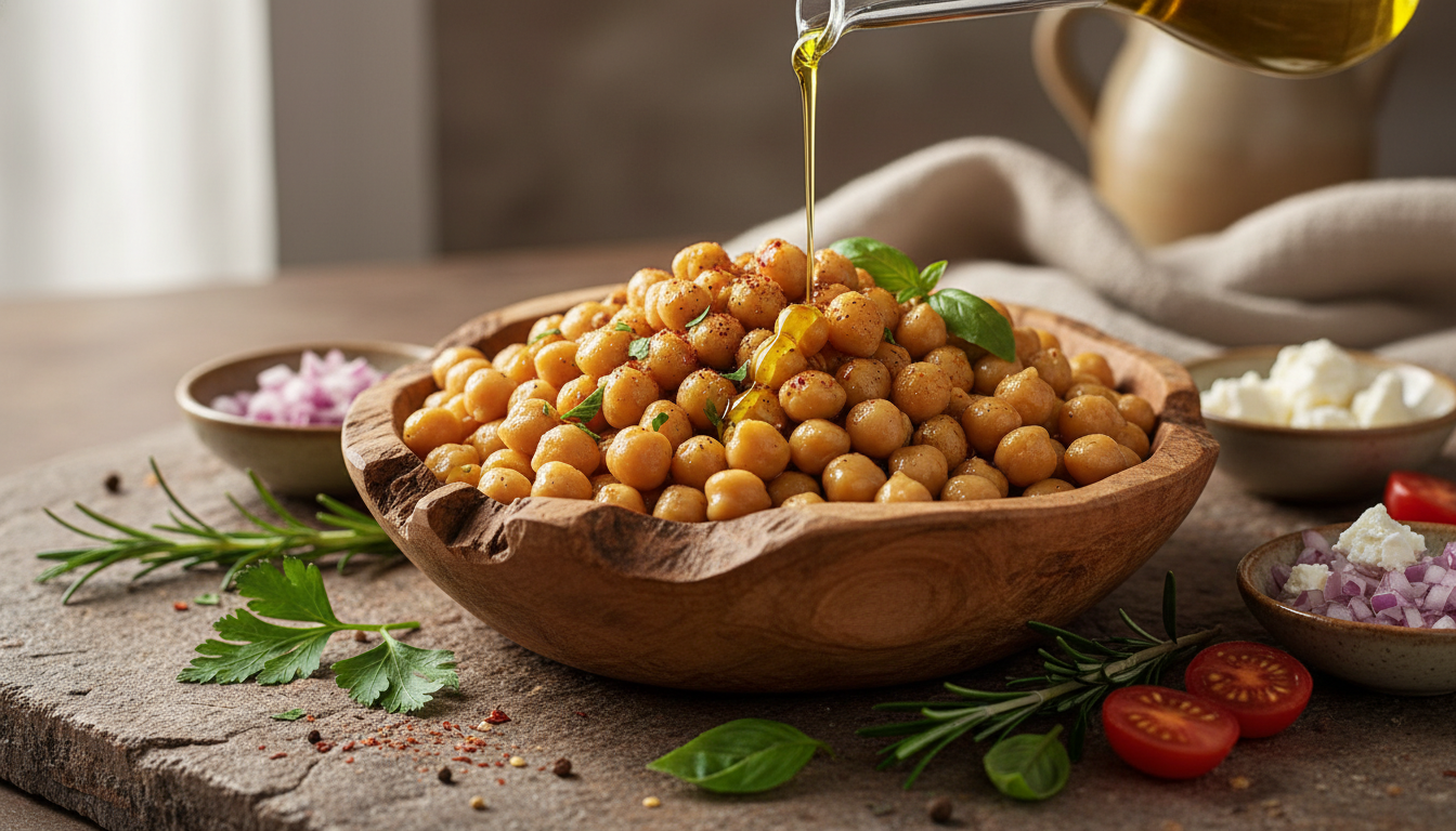 A professional, high-resolution food photography shot of a wooden bowl filled with cooked chickpeas, surrounded by fresh ingredients like herbs and olive oil on a rustic stone table. Soft natural morning light, shallow depth of field, vibrant textures, healthy lifestyle vibe.